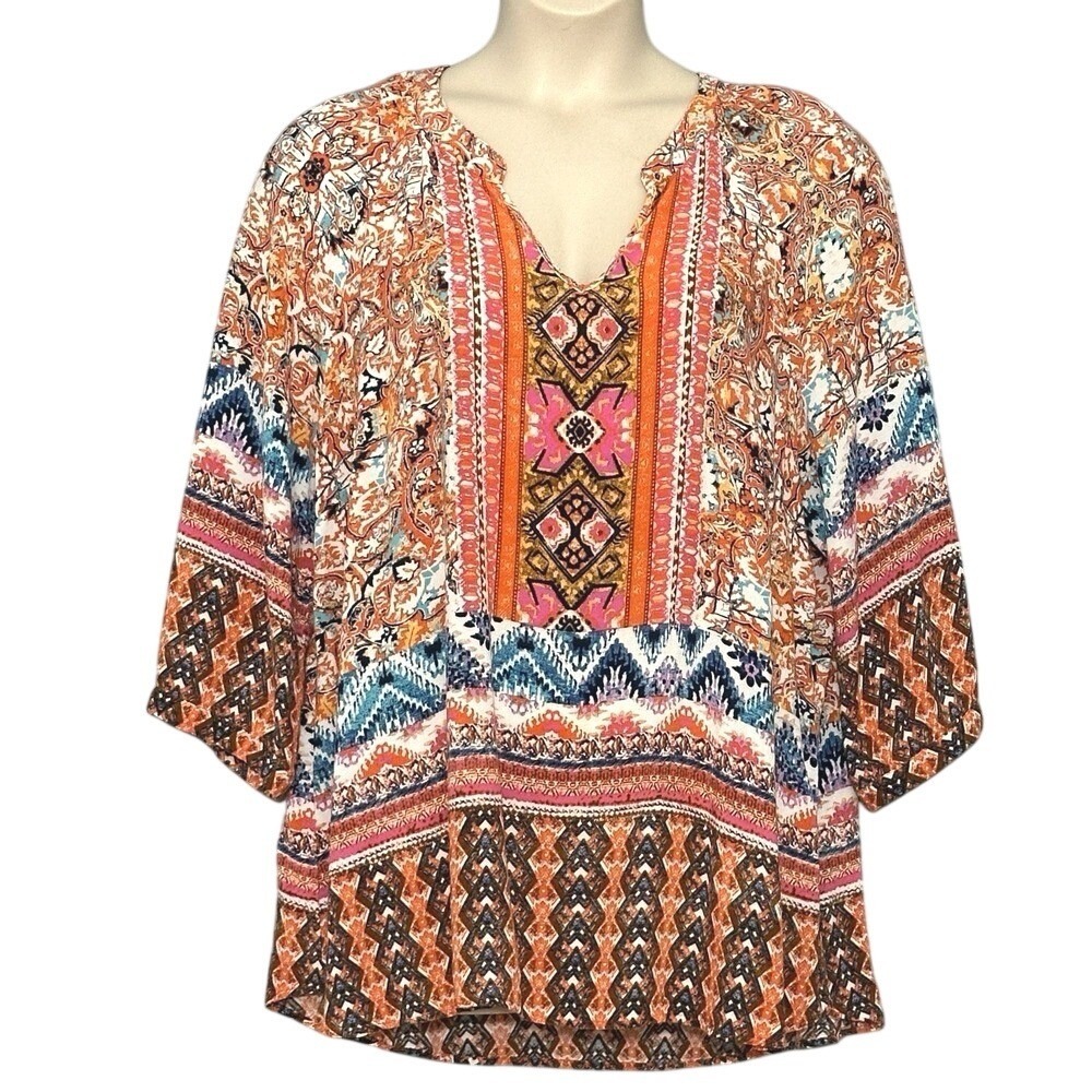 Boho Hippie Women Top Plus 22W Orange Colorful Soft Loose Tunic Tribal Southwest